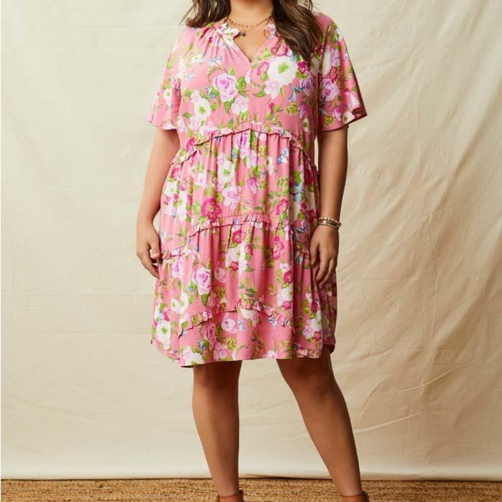Matilda Jane Enchanted Garden Fresh Floral Ruffle Sleeve Tiered Dress pink Large
